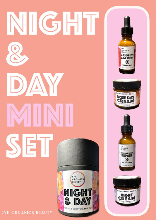 NIGHT & DAY SERUM & MOISTURE MINI SET WITH EXCLUSIVE TRAIL / TRAVEL SIZED ABSOLUTE AGE DEFY SERUM, ROSE DAY CREAM, INTENSIVE NIGHT REPAIR SERUM AND OUR LUXURIOUS NIGHT CREAM ALL FOR $64
