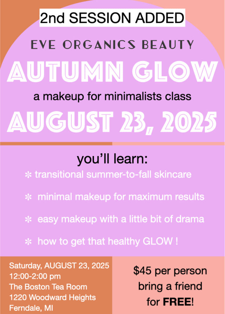 Promotional flyer for an 'Autumn Glow' makeup class with event details on a purple and orange background.