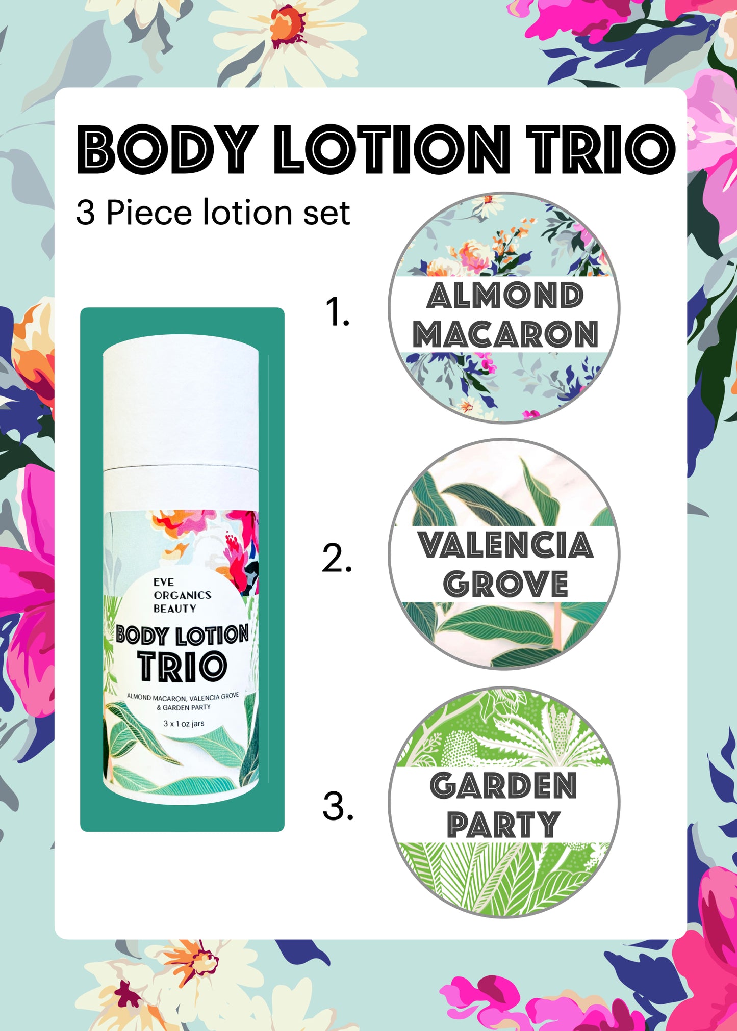 IMAGE OF TUBE OF BODY LOTION TRIO WITH CIRCLES DEPICTING ALMOND MACARON, VALENCIA GROVE, GARDEN PARTY 1 OZ LOTION JARS