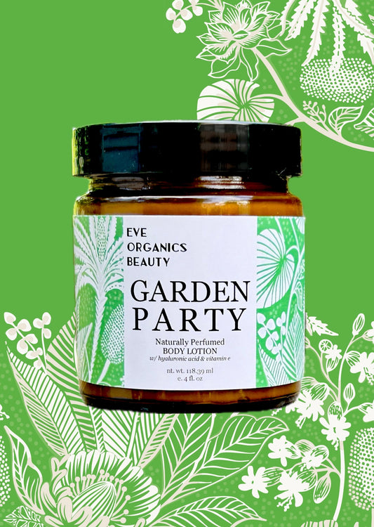 Garden Party Body Lotion by Eve Organics Beauty full size, 4 oz amber glass jar