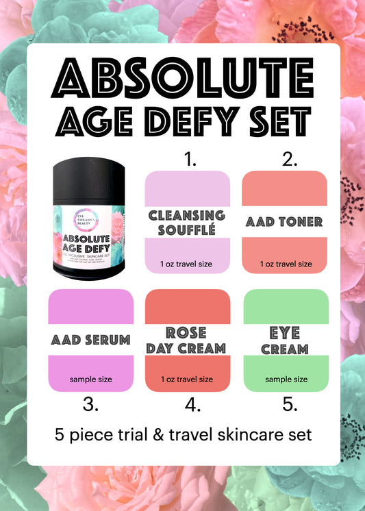 Absolute Age Defy Set with 1 oz travel size Cleansing Souffle, Absolute Age Defy Toner, Rose Day Cream + samples of Absolute Age Defy Serum and Eye Cream