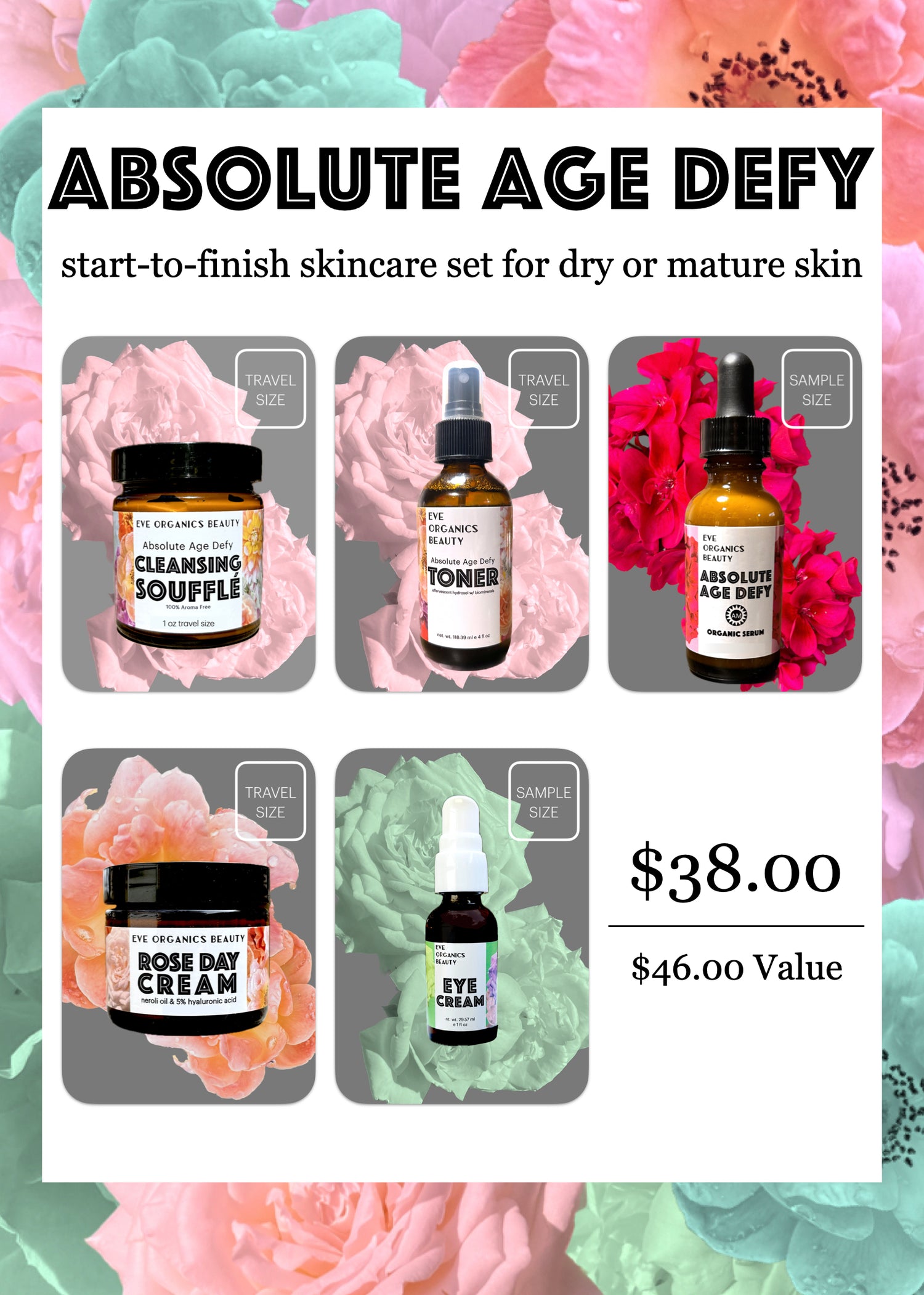 This is a start to finish all steps skincare set featuring Rose Day Cream