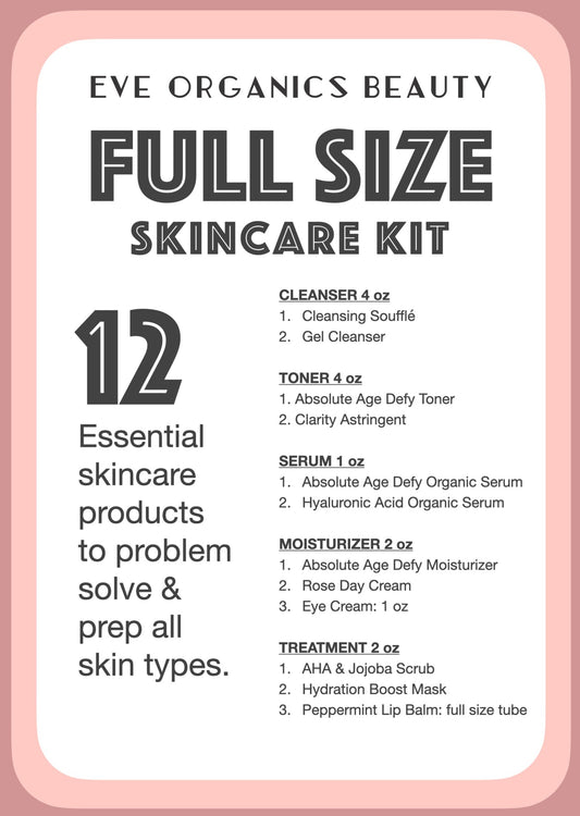 This is our full size affiliate PRO skincare kit. It contains 12 essential products to problem solve & prep all skin types to receive makeup. Contains full size: cleansing souffle, gel cleanser, absolute age defy toner, clarity astringent, absolute age defy moisturizer, rose day cream, eye cream, absolute age defy organic serum, hyaluronic acid organic serum, aha & jojoba scrub mask, hydration boost mask, peppermint lip balm 