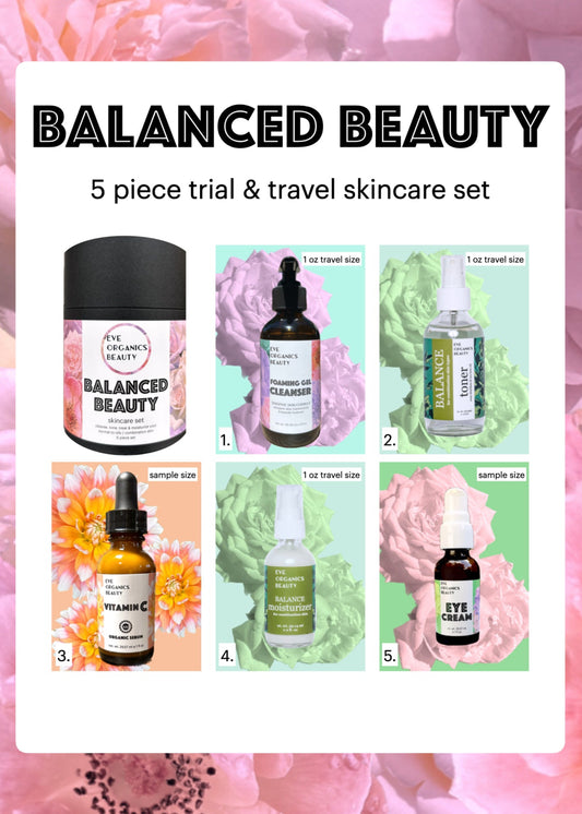 CONTAINS 5 PIECES: FOAMING GEL CLEANSER, BALANCE TONER, VITAMIN C SERUM, BALANCE MOISTURIZER AND EYE CREAM