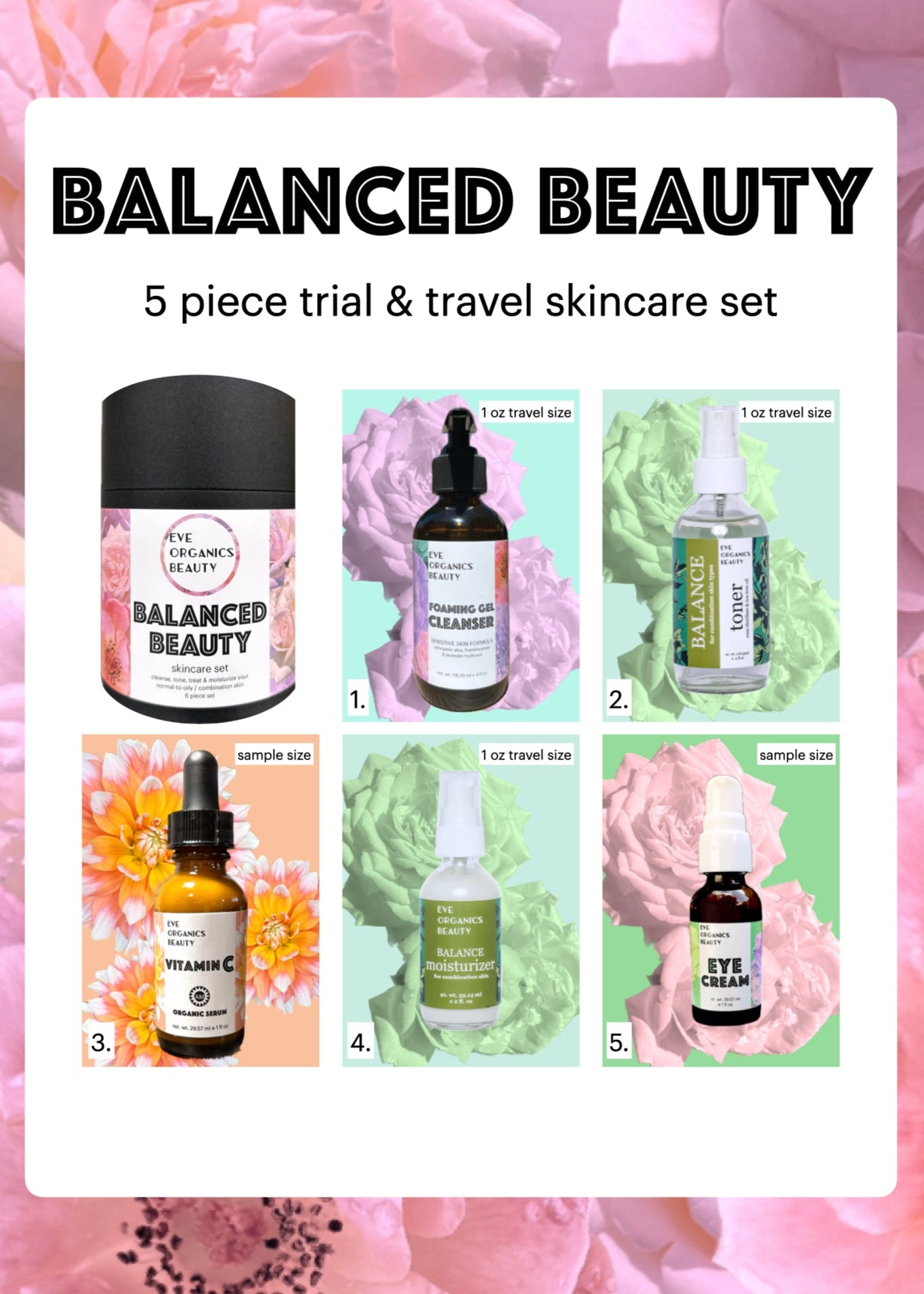 CONTAINS 5 PIECES: FOAMING GEL CLEANSER, BALANCE TONER, VITAMIN C SERUM, BALANCE MOISTURIZER AND EYE CREAM