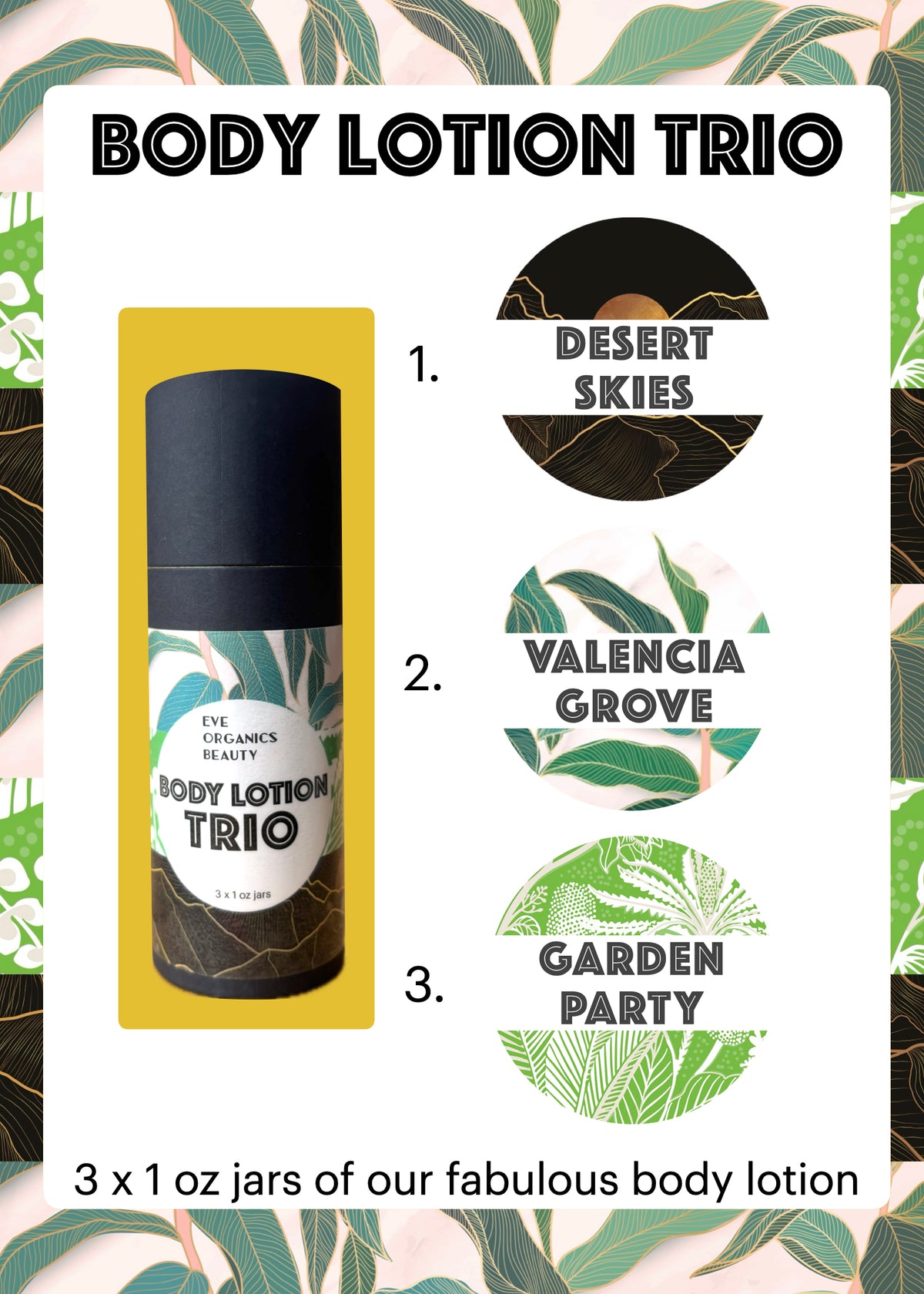 BODY LOTION TRIO SHOWS DESERT SKIES, VALENCIA GROVE AND GARDEN PARTY 3 1 OUNCE JARS
