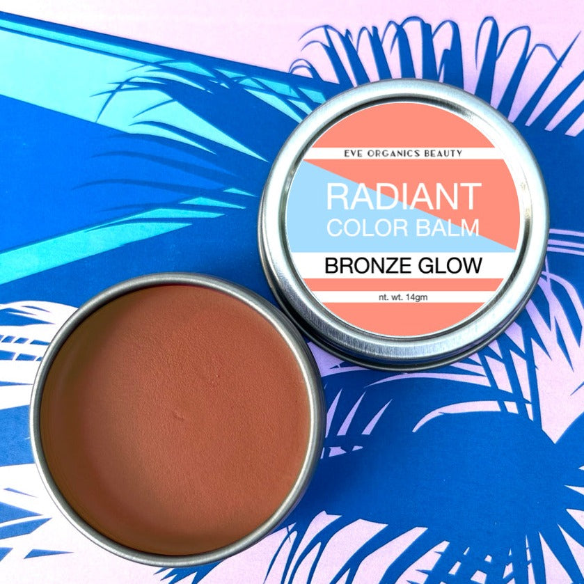 this is amber glow radiant color balm for eyes, cheeks and lips. amber glow is a sheer amber bronze shade to brighten up light to medium skin tones.