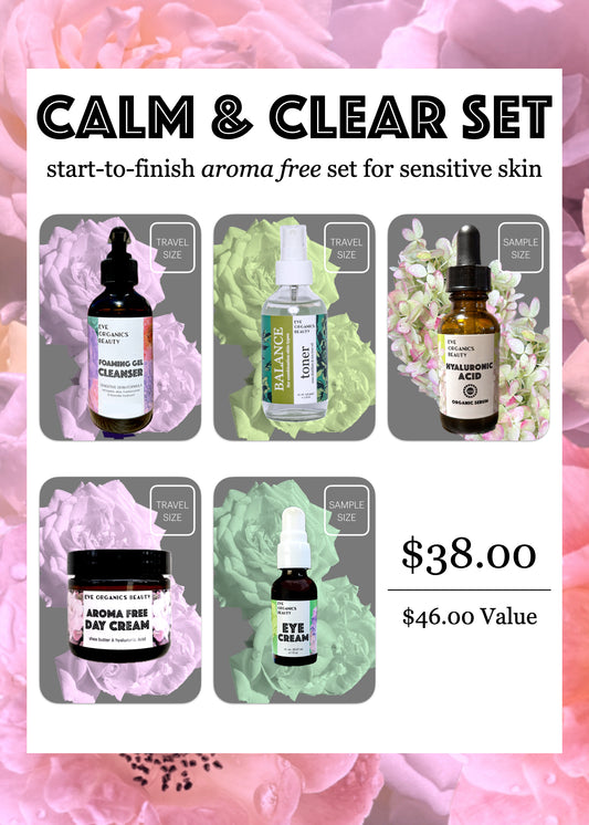 This is a start to finish, all steps included skincare set. Sizes are travel size one ounce or sample size. This set is for those with sensitive skin or those who do not want aroma or fragrance in their products.