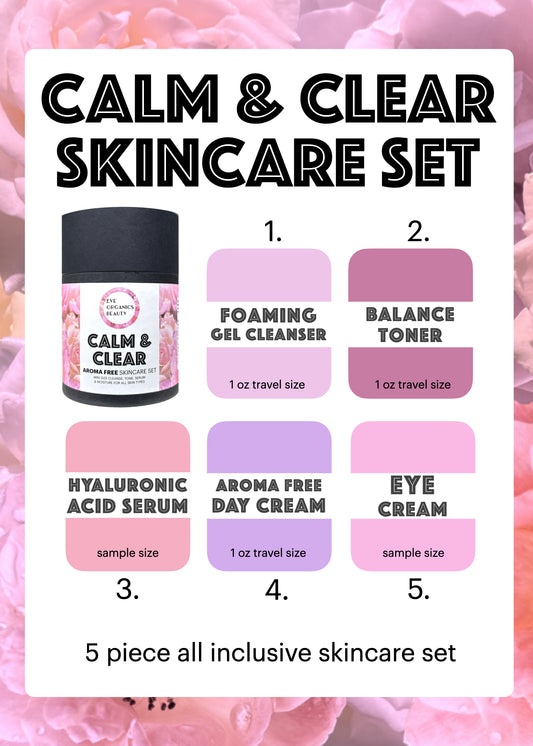 A 5-piece skincare set sampler card titled 'CALM & CLEAR SKINCARE SET' on a pink rose background. The card shows five travel-size product samples numbered 1 through 5: foaming gel cleanser, balance toner, hyaluronic acid serum, aroma free day cream, and eye cream, with color swatches in black, pink, purple, and magenta tones.