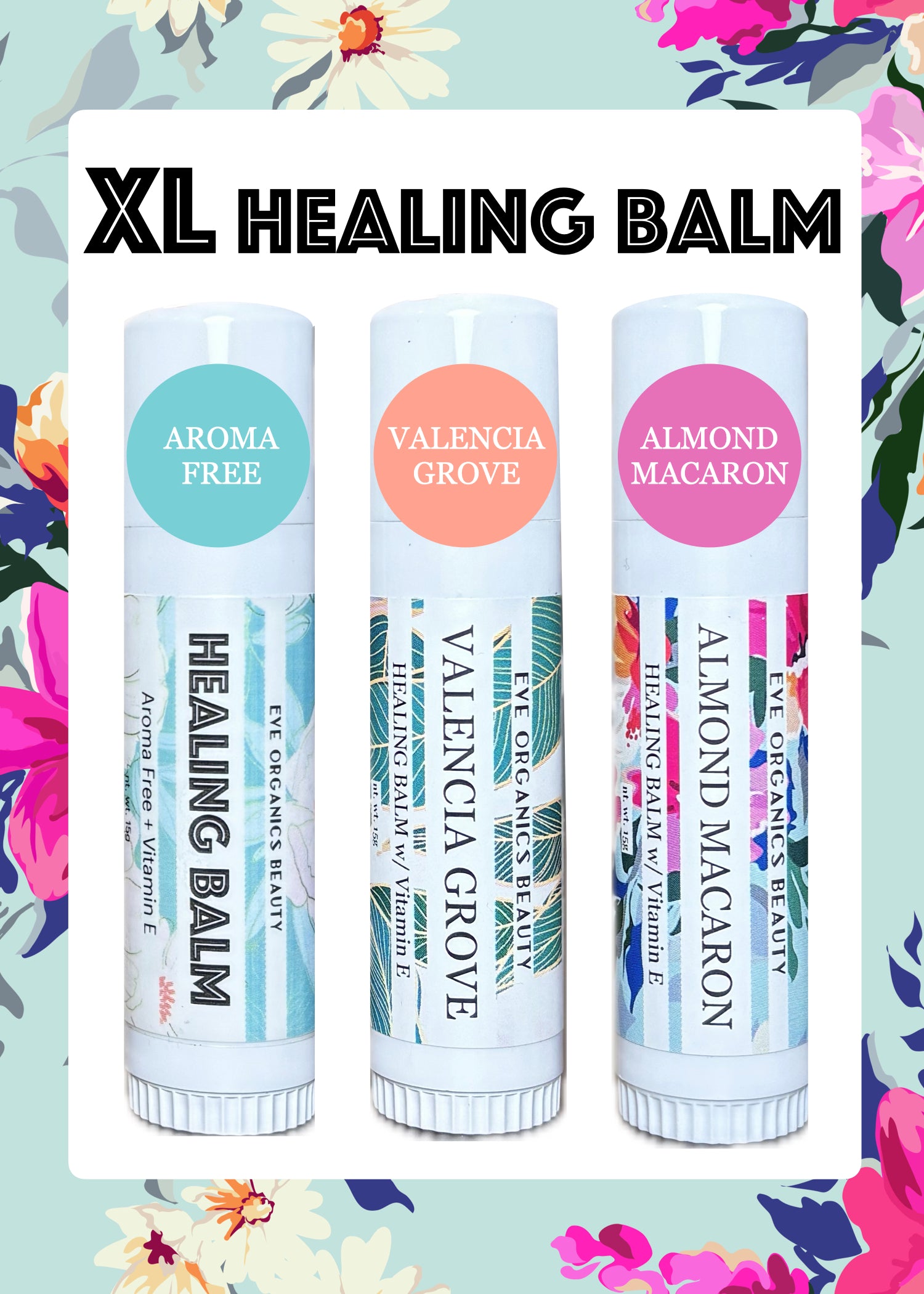 3 XL healing balms: aroma free, valencia grove & almond macaron. Each chubby tube contains 15 grams of product.