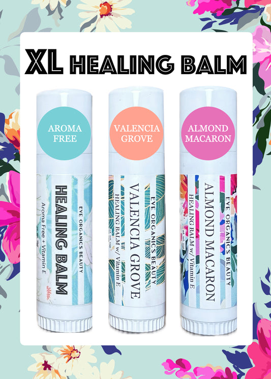 3 XL healing balms: aroma free, valencia grove & almond macaron. Each chubby tube contains 15 grams of product.
