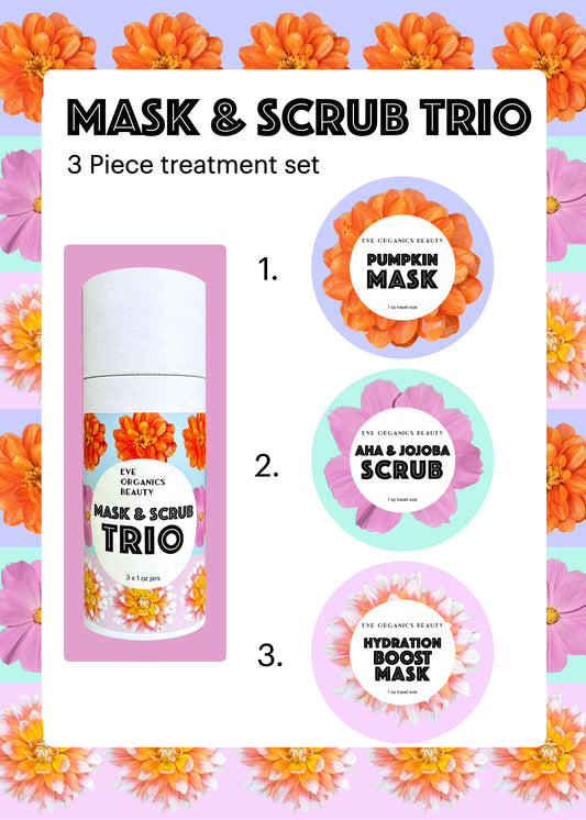 Mask & Scrub Trio contains all 3 of our treatment products: Pumpkin Mask, AHA & Jojoba Scrub and our Hydration Boost Mask in 1 oz travel sizes.