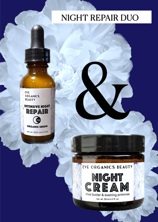Skincare DUO of Intensive Night Repair Organic Serum plus our NIGHT CREAM. Specially priced at $78 a $96 value.
