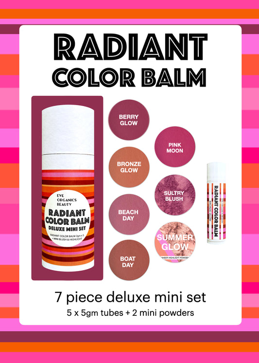 Radiant Color Balm 7 piece set with 5 lip balm sized Radiant Color Balms and two sparkly overlay shades. Contains Berry Glow, Bronze Glow, Pink Moon, Beach Day and Boat Day + Summer Glow Highlight Powder and Sultry Blush.