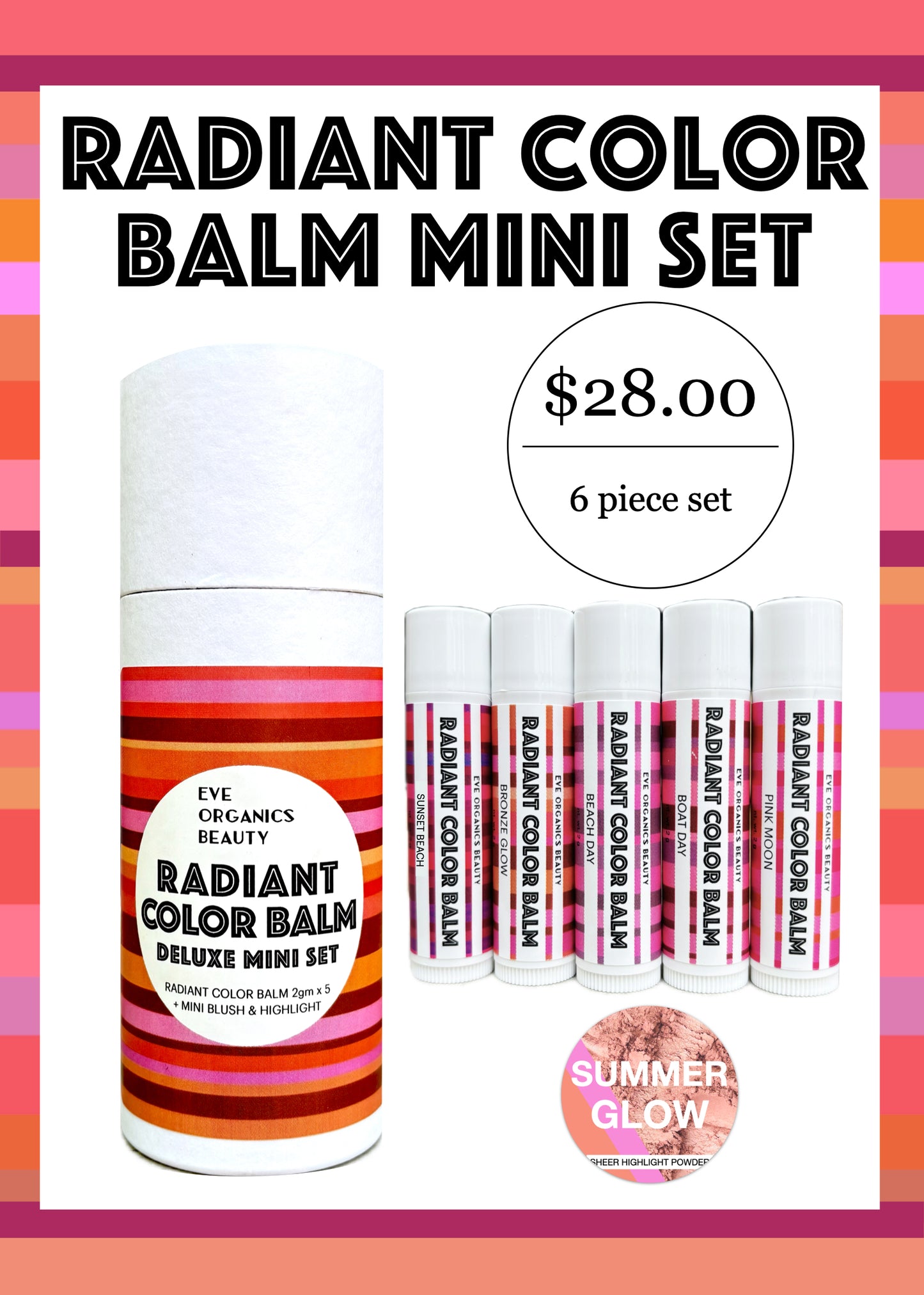 radiant color balm 5 lip balm size color balms and sample size summer glow in a cardboard tube