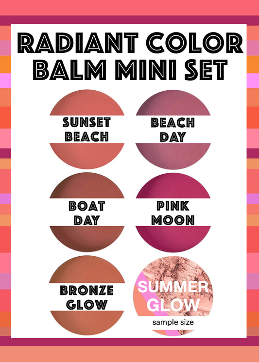 Radiant Color Balm set with 5 radiant color balms in  gram size plus a sample size of Summer Glow powder highlight powder
