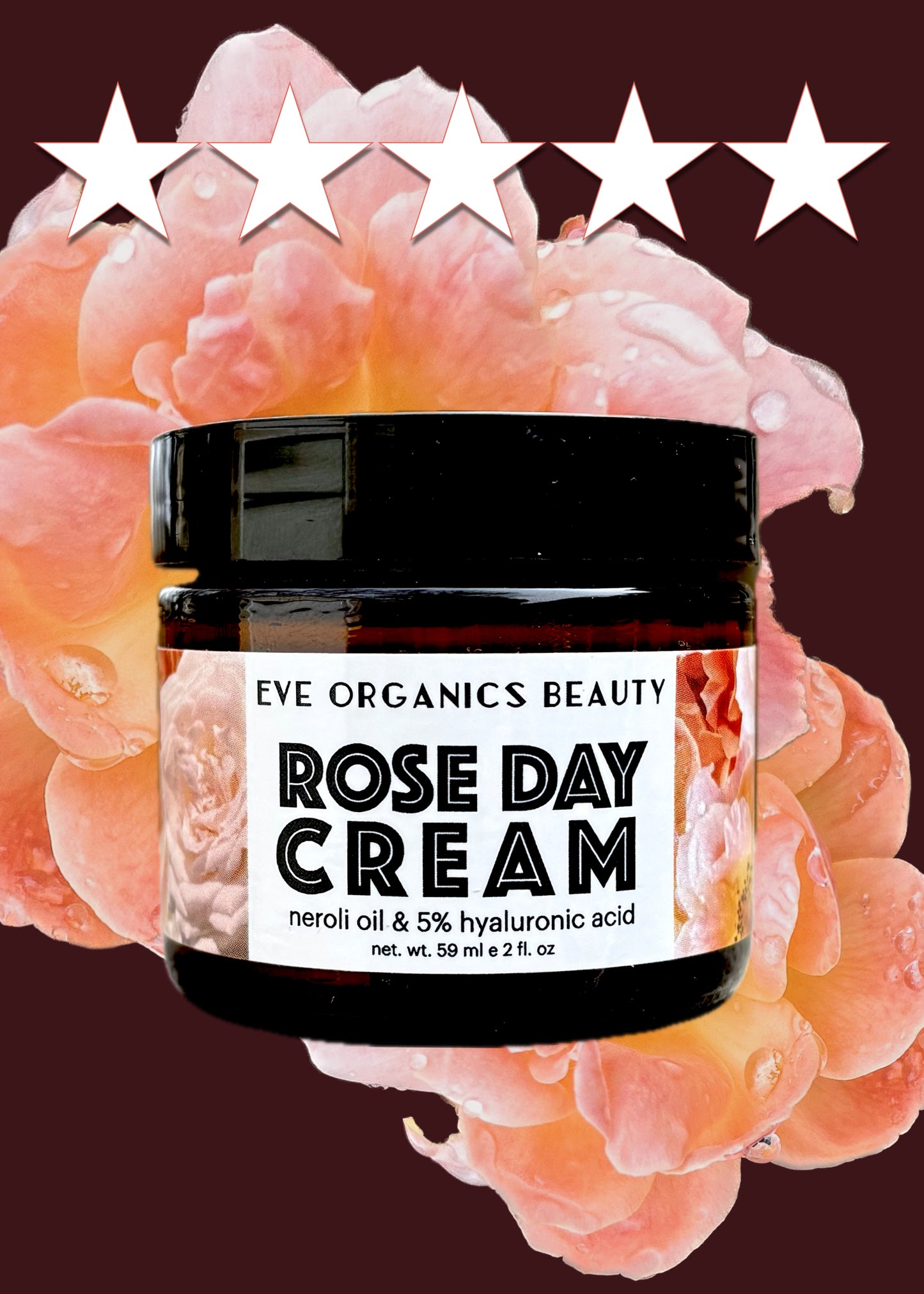 Image of the 2 ounce jar of Rose Day Cream plus 5 stars and a peach rose