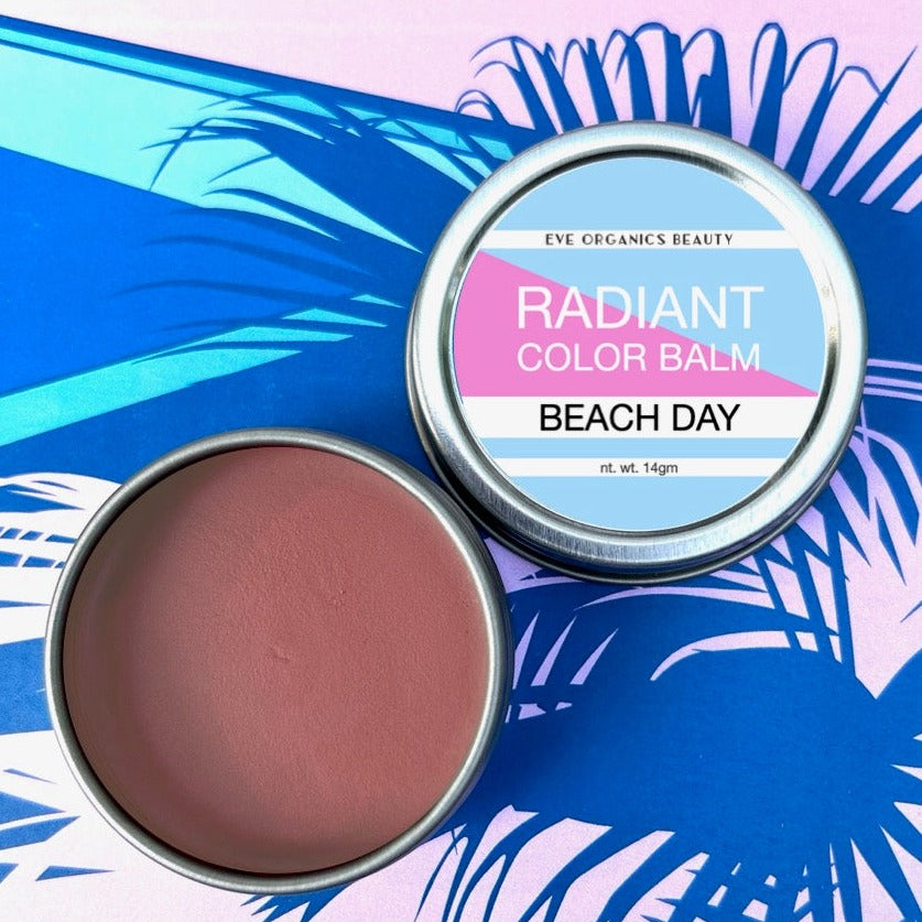 radiant color balm in beach day is a light and neutral shimmery bronze shade. great for all skin tones. apply to cheeks, eyes and lips for a light bronzy glow.
