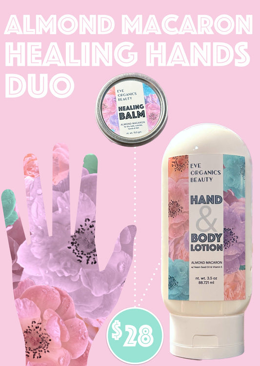 ALMOND MACARON HEALING HANDS DUO WITH HEALING BALM + HAND & BODY LOTION BOTH PIECES $28 A $38 VALUE