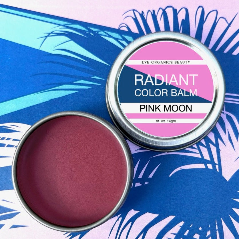 pink moon radiant color balm is a delightful sheer bright pink wash of color. Apply to eyes cheeks and lips for a rosy glow any time.